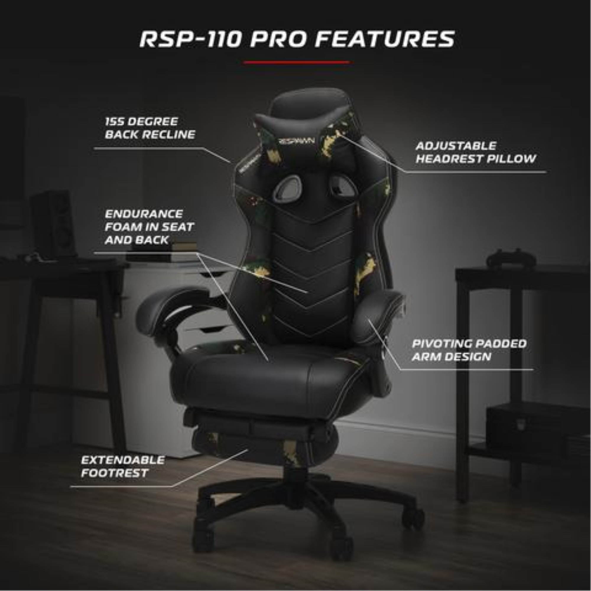 RESPAWN 110 Pro Racing Style Gaming Chair, Reclining Ergonomic Chair with Built-in Footrest, in Forest Camo (RSP-110V2-FST)