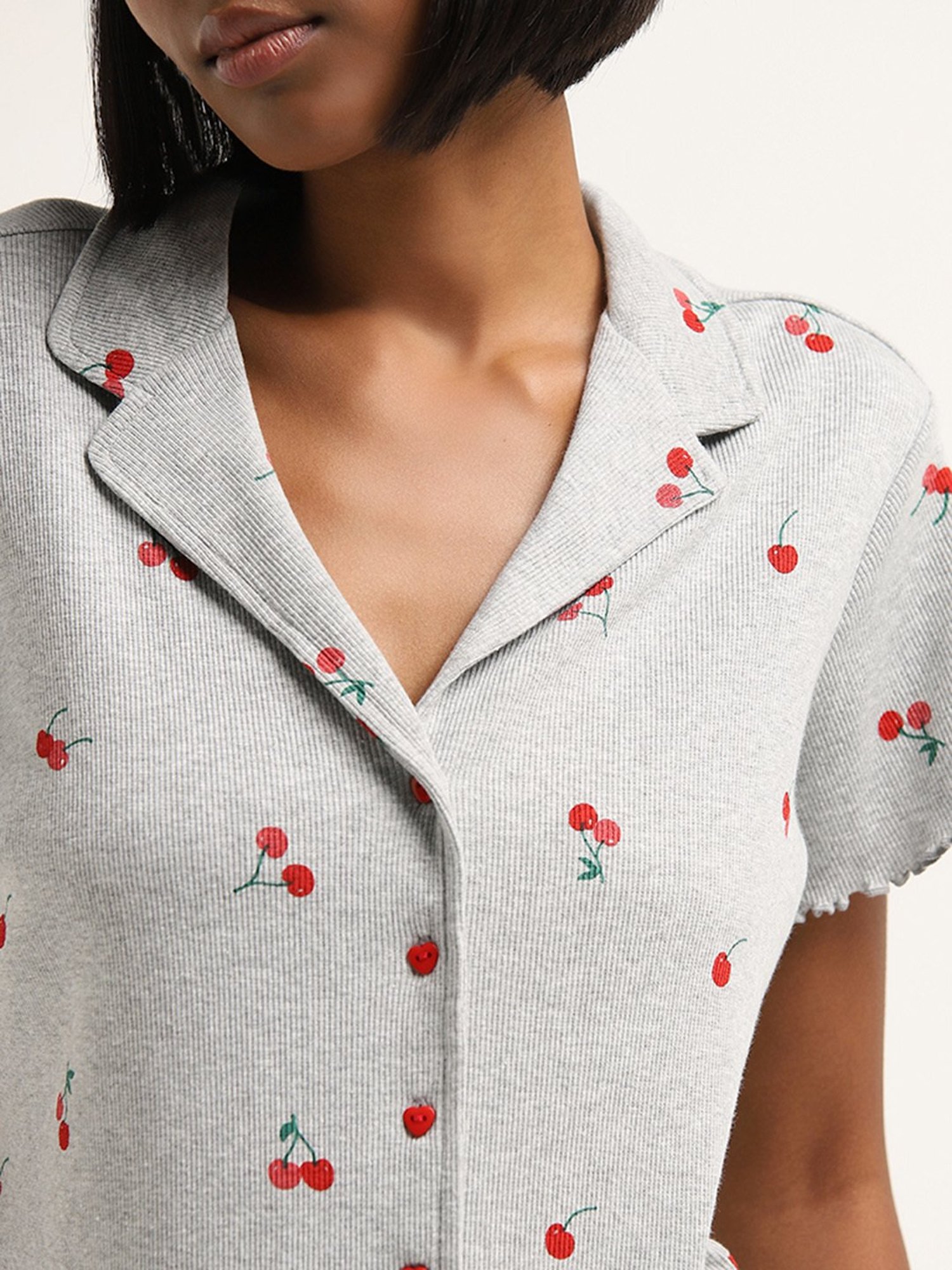 Superstar by Westside Grey Cherry Print Ribbed Cotton Blend Shirt