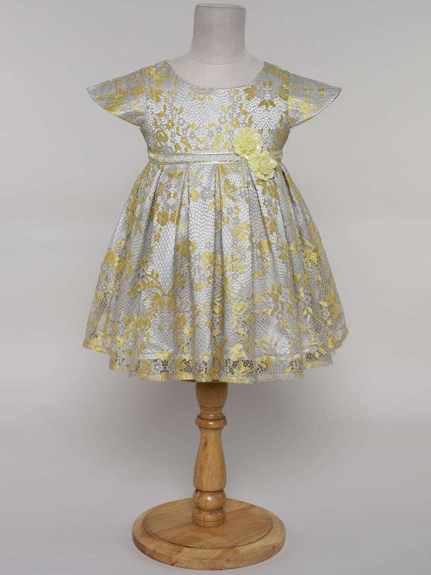 Many Frocks Kids Grey & Yellow Embellished Dress