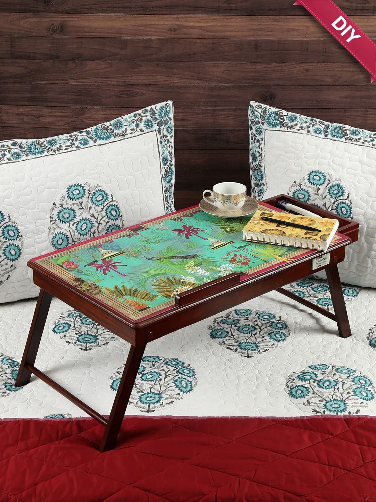 India Circus by Krsnaa Mehta Peacock Throne Printed Aqua Green Teak Wood Laptop Table