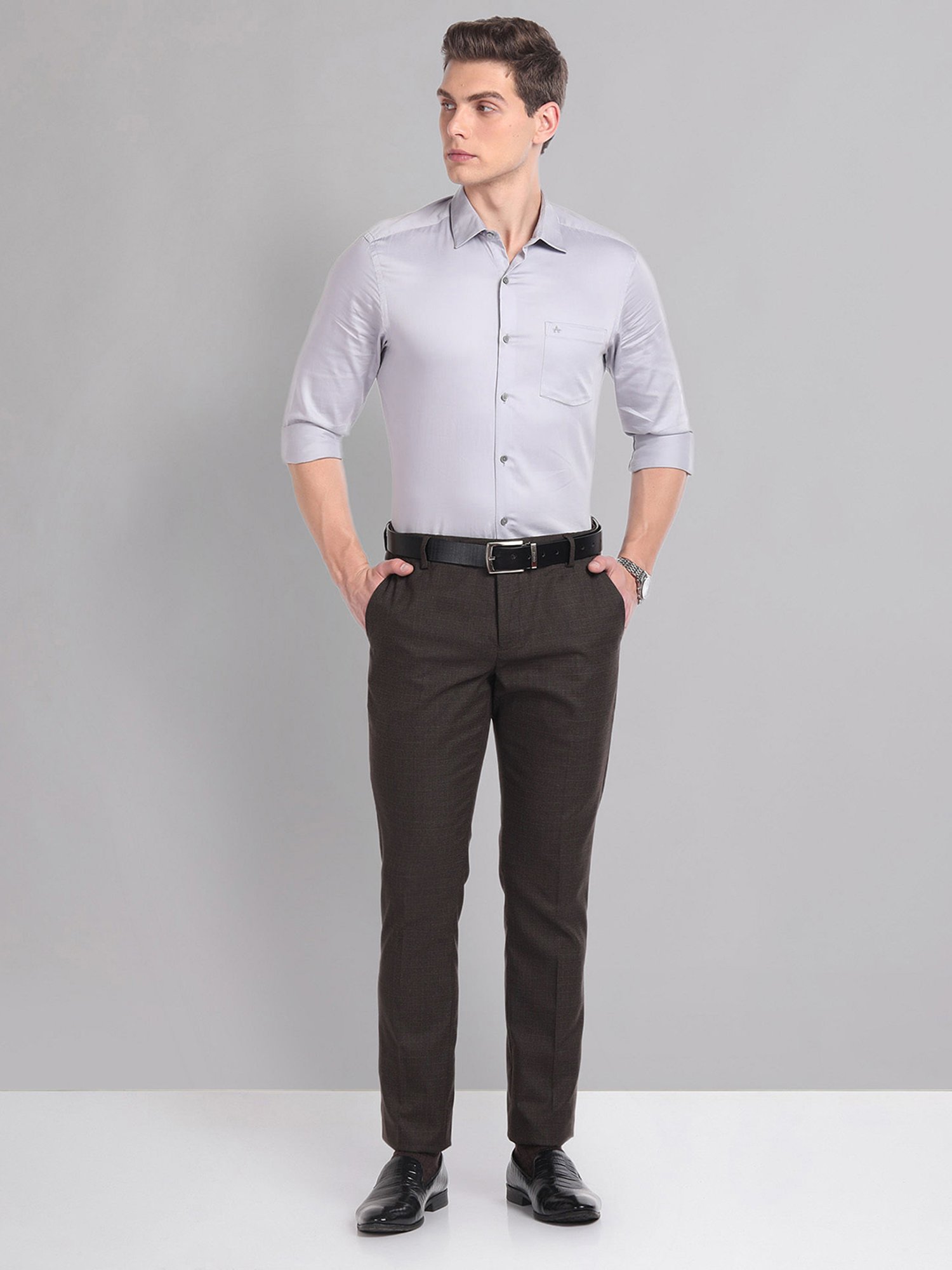 AD by Arvind Brown Slim Fit Flat Front Trousers