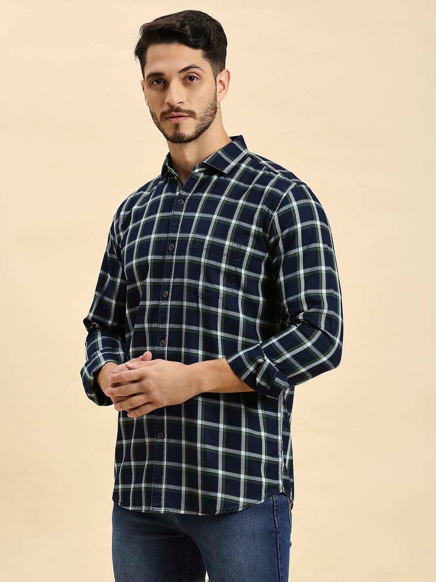 HJ HASASI Navy Slim Fit Check Cotton Shirt