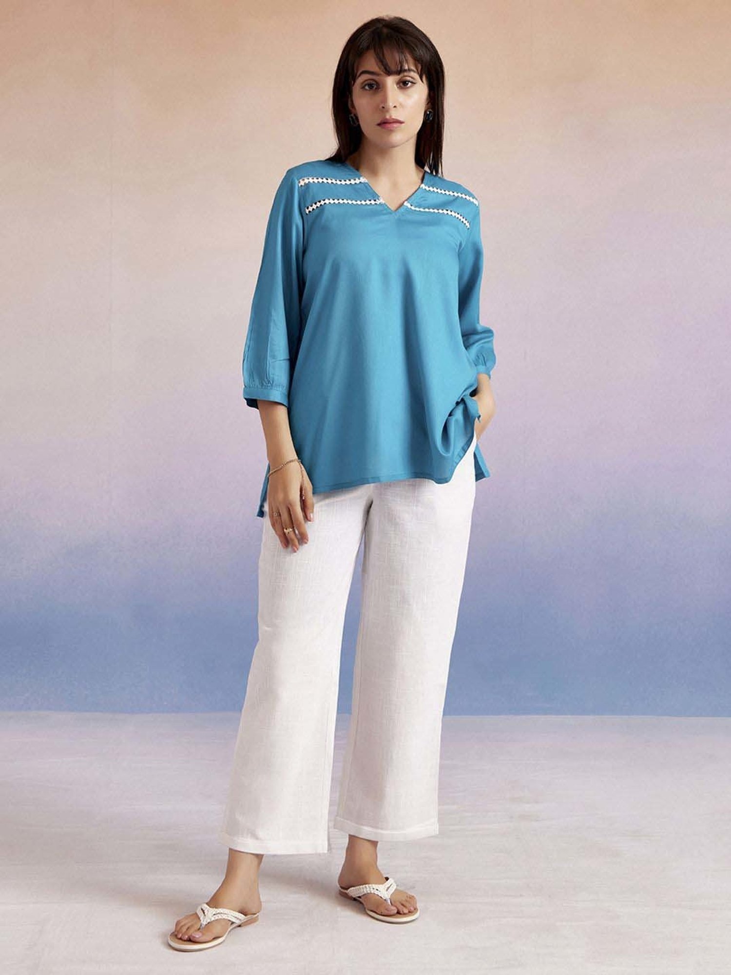 Jaipur Kurti Turquoise Self Pattern Top