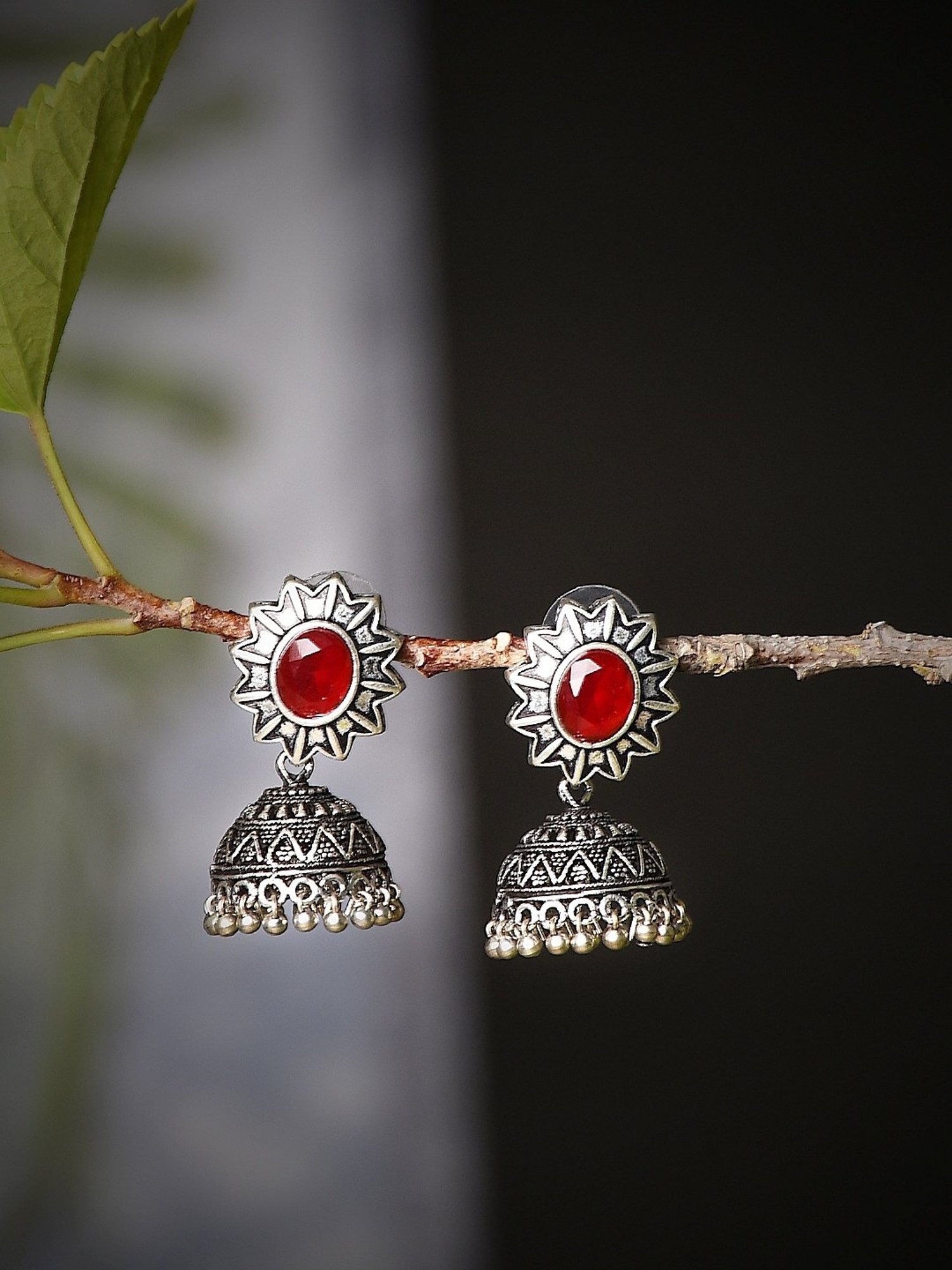 Imli Street Red Silver Tone Stone-Studded Handcrafted Jhumki Earrings