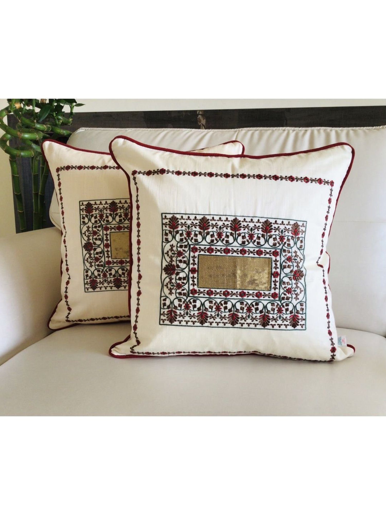 TARA Sparkling Homes Gold Embroidered Cotton Silk Cushion Cover - Set of 2