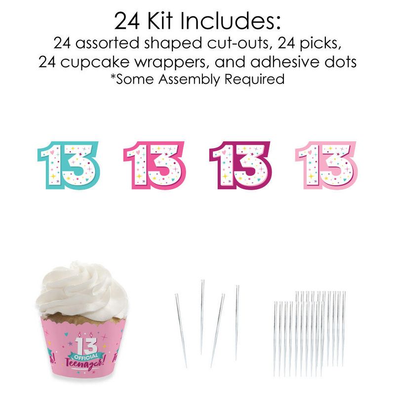 Big Dot of Happiness Girl 13th Birthday - Cupcake Decoration - Official Teenager Birthday Party Cupcake Wrappers and Treat Picks Kit - Set of 24