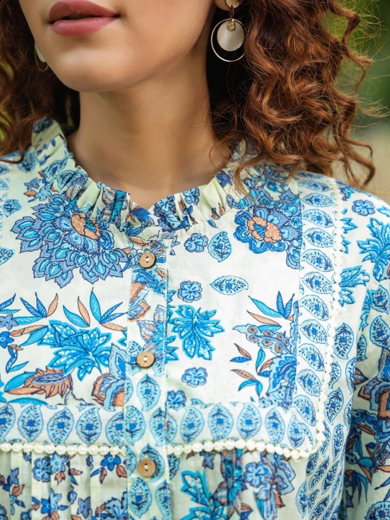 Rain and Rainbow Blue Cotton Floral Print Top