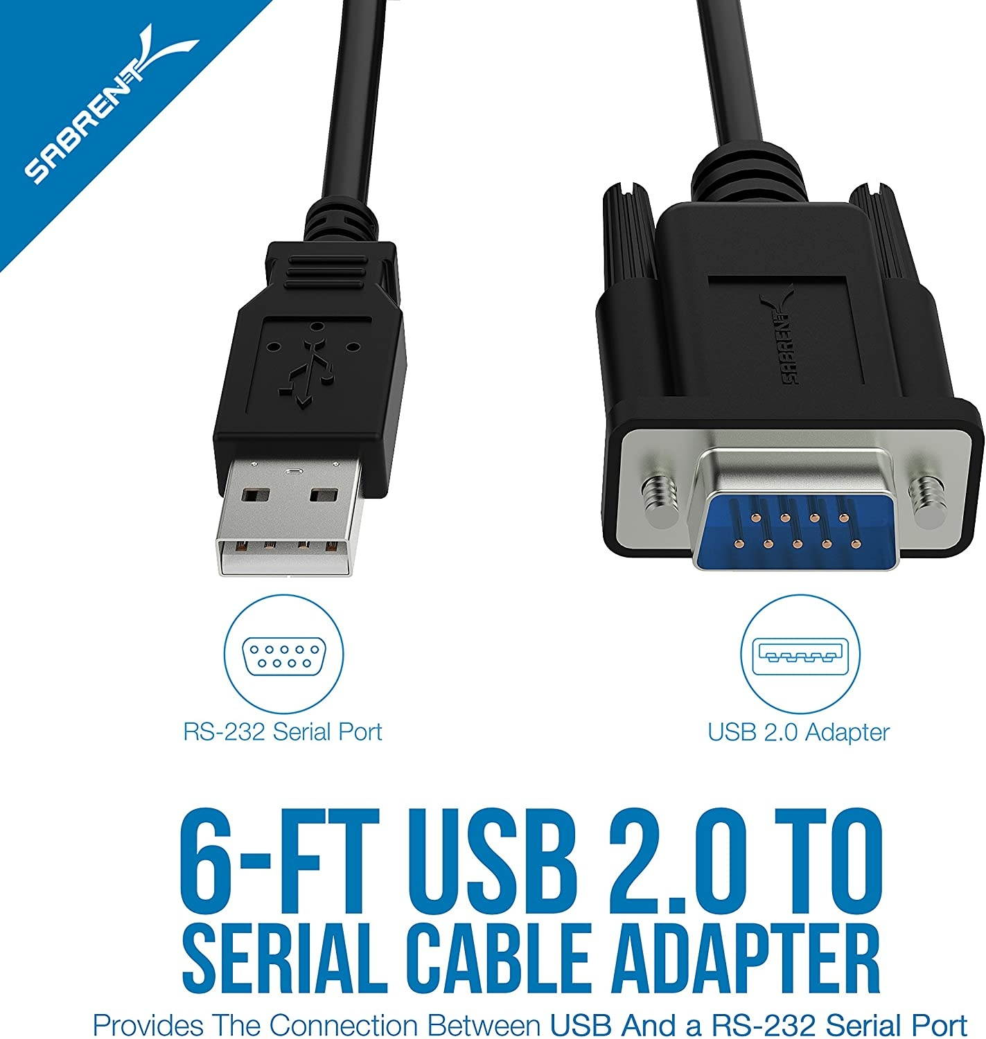Sabrent USB 2.0 to Serial (9-Pin) DB-9 RS-232 Adapter Cable 6ft Cable [FTDI Chipset] (CB-FTDI)