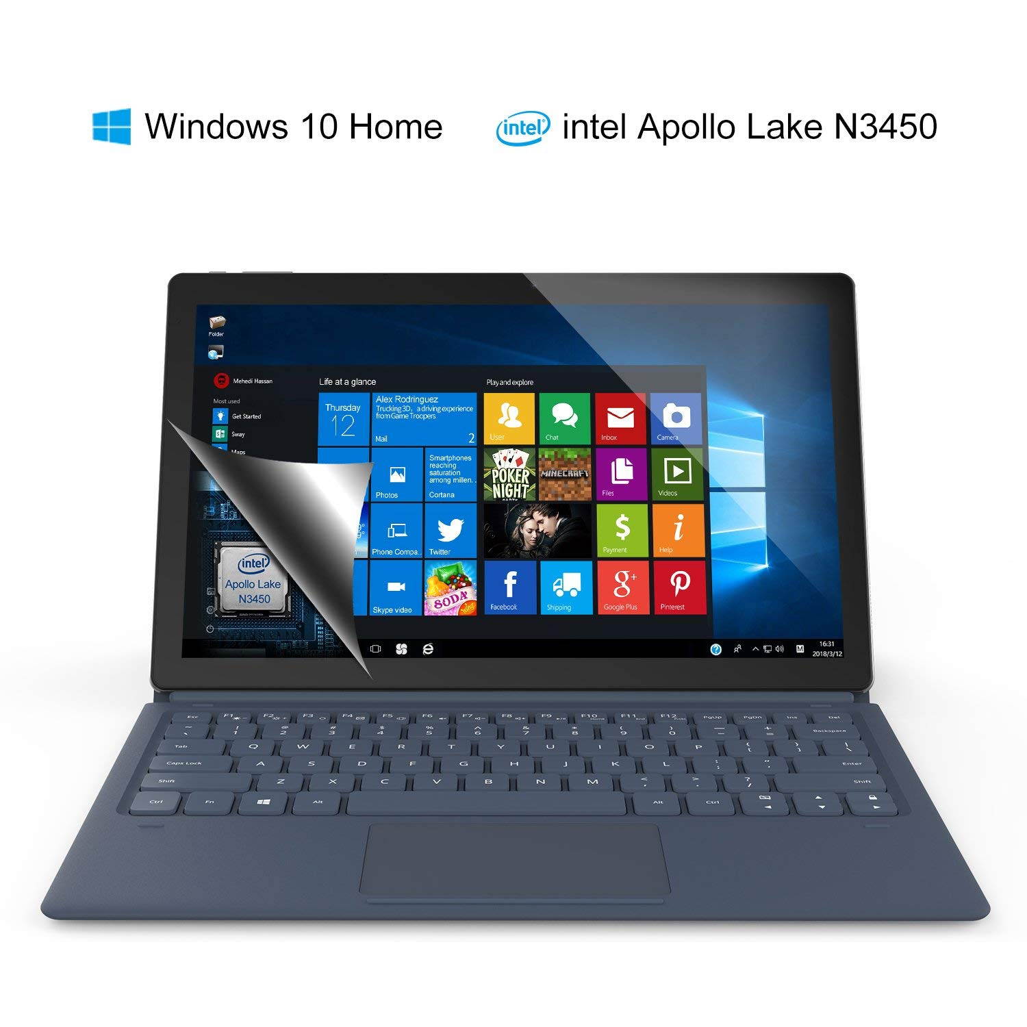 Zgeer 2-in-1 Laptop, 11.6 inch Tablet with Keyboard, 1920x1080 Black Diamond Screen, Intel Apollo Lake N3450 2.2GHz, 4GB RAM, 64GB EMMC, Windows 10