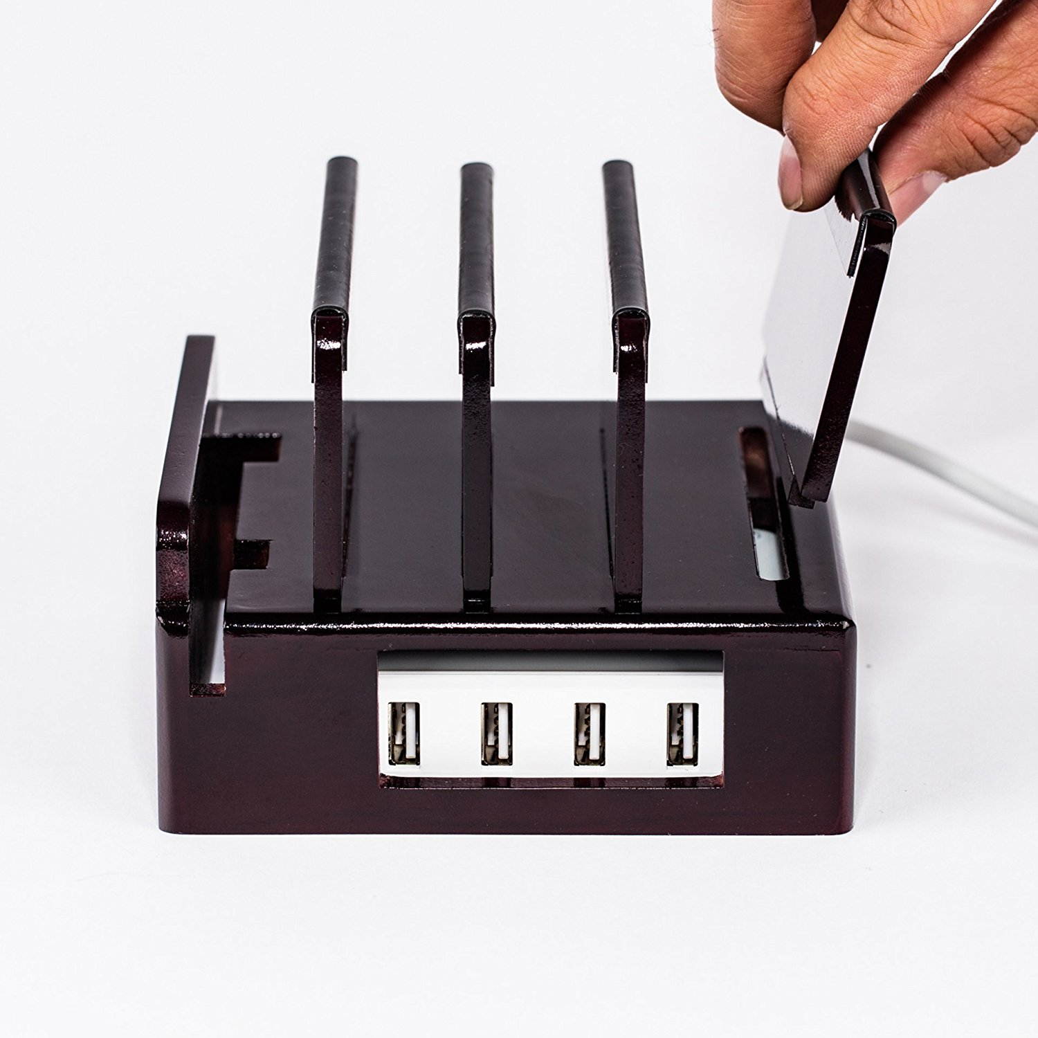 Compact Universal Desktop Cell Phone & Tablet/eReader/Kindle Charging Station, with Set of Cable Ties. Multiple Finishes Available - Black Leatherette