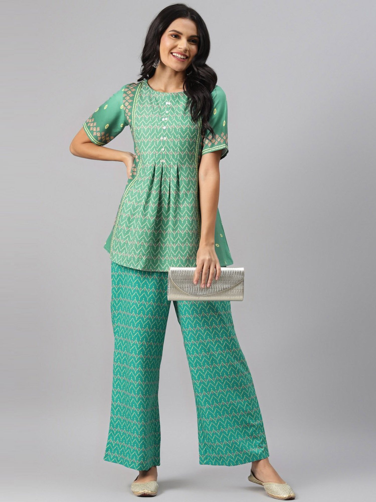 Ziyaa Green Printed A Line Kurti