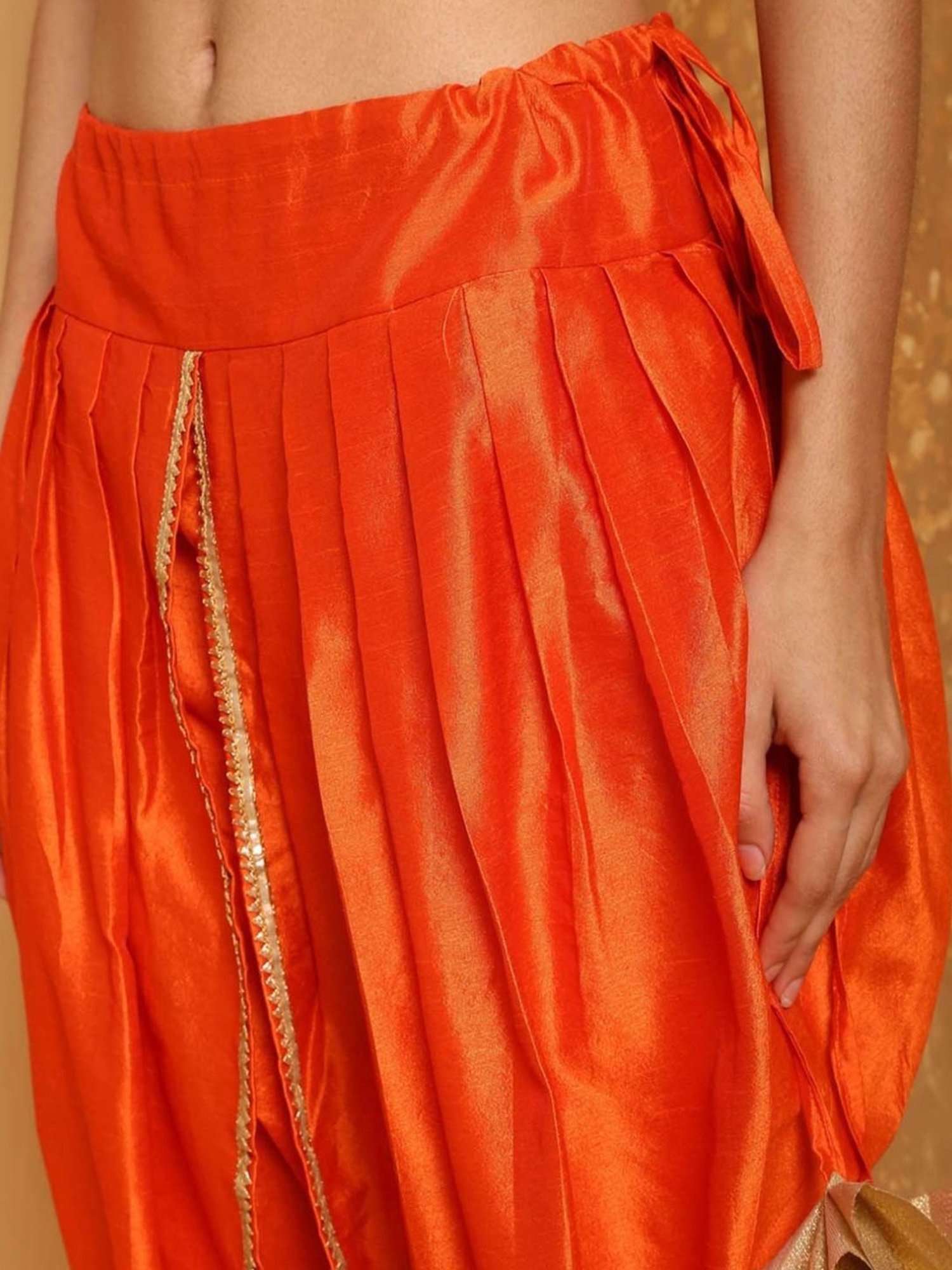 Kaanchie Nanggia Orange Cotton Silk Pleated Dhoti Pants
