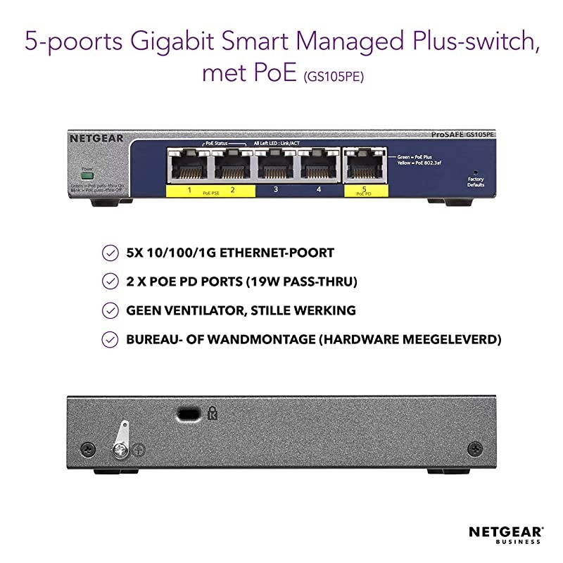 5-Port PoE Gigabit Ethernet Plus Switch (GS105PE) - Managed, with 2 x PoE PD Powered @ 19W Pass-thru, Desktop or Wall Mount, and Limited Lifetime Protection
