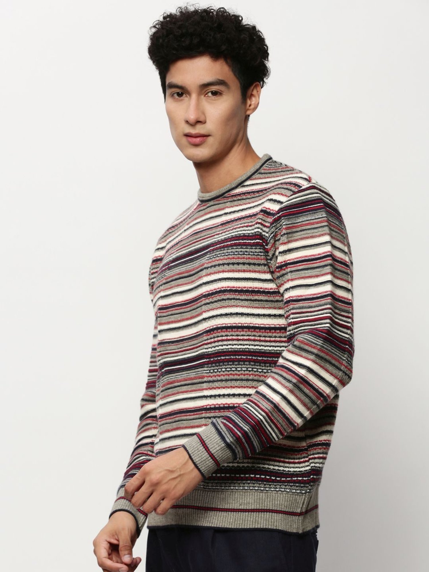 SHOWOFF Grey Slim Fit Self Pattern Sweater