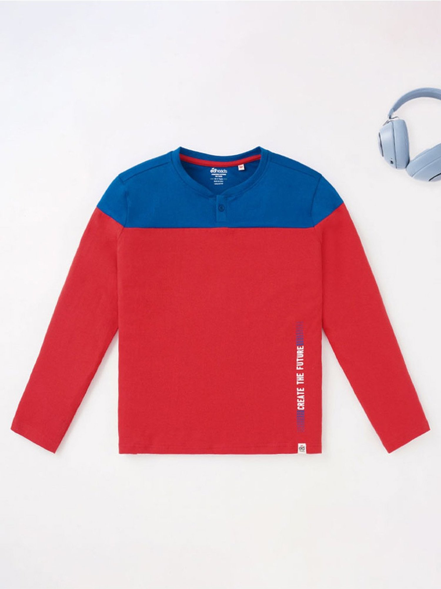 Edheads Kids Red & Blue Cotton Color Block Full Sleeves T-Shirt