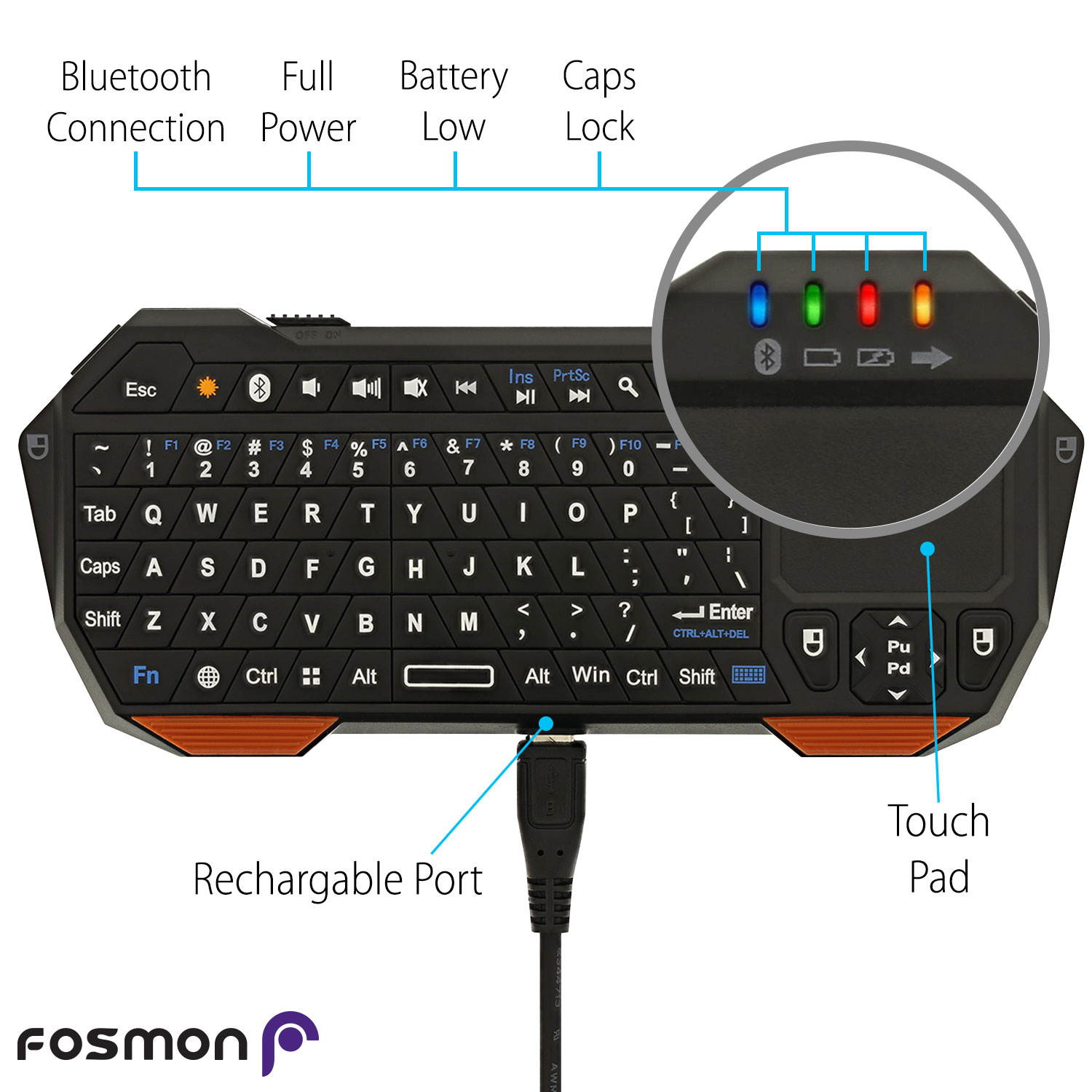 Fosmon Portable Mini Wireless Bluetooth Keyboard Controller with Built-In Touchpad for Tablets, Smartphones & PS3 - Compatible with Samsung Galaxy S4 S IV S3 SIII /  - Black and Orange