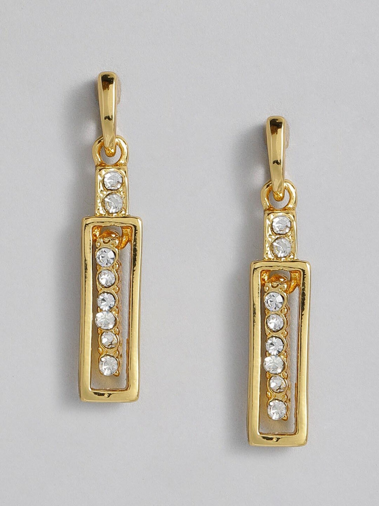 Estele Gold-Plated Pea Pod Rectangle Drop Earrings with Austrian Crystals for Women