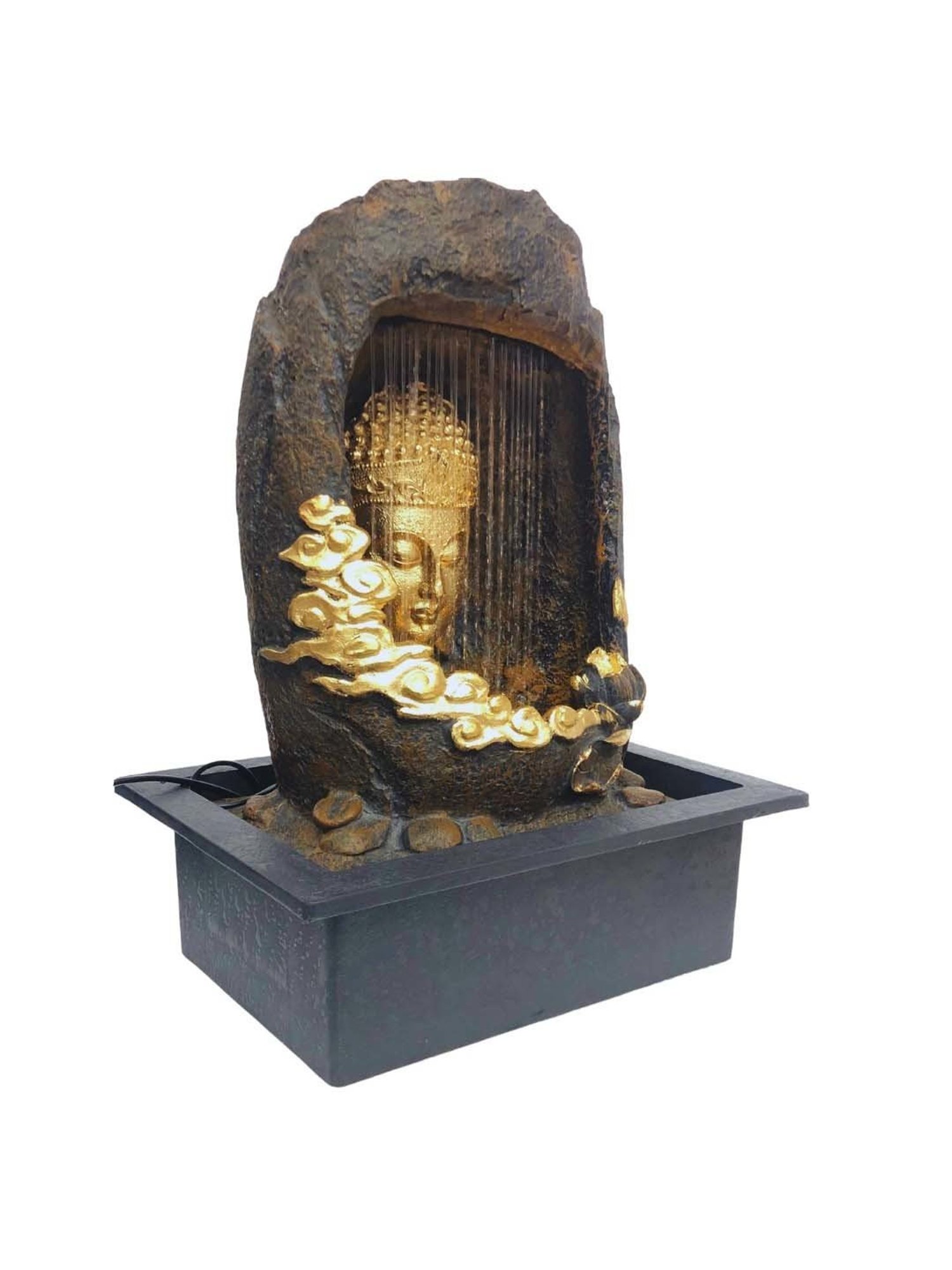 CHRONIKLE Golden & Brown Polyresin Meditating Buddha Sitting In Cave Style Waterfall Fountain