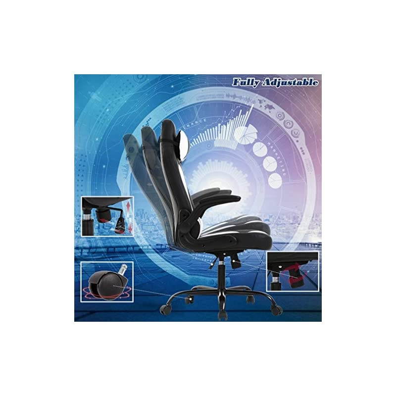 PC Gaming Chair Ergonomic Office Chair Desk Chair with Lumbar Support Flip Up Arms Headrest PU Leather Executive High Back Computer Chair for Adults Women Men, Black and White