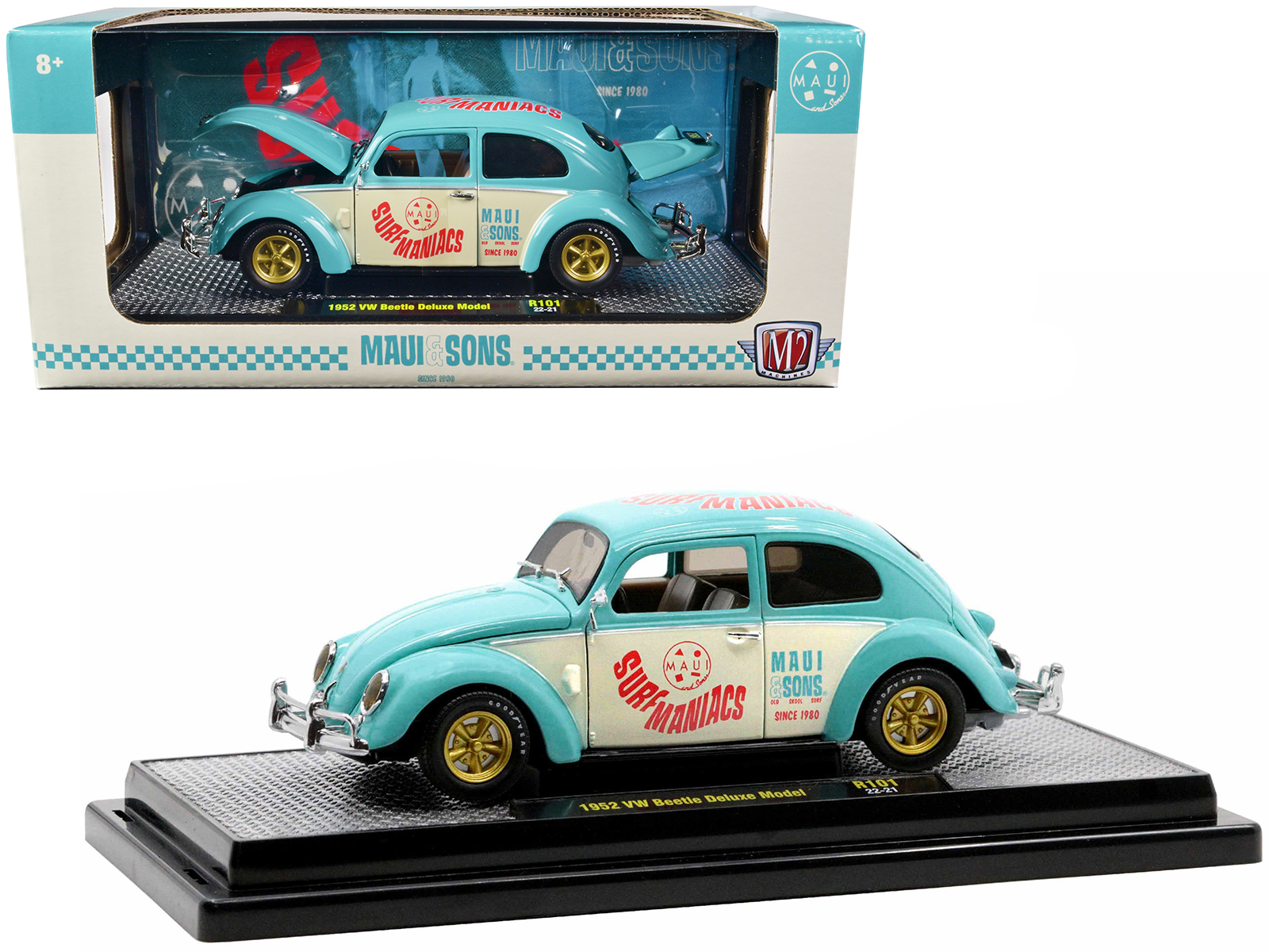 1952 Volkswagen Beetle Deluxe Model Light Blue and Wimbledon White &ldquo;Maui & Sons&rdquo; Limited Edition to 3850 pieces Worldwide 1/24 Diecast Model Car by M2 Machines