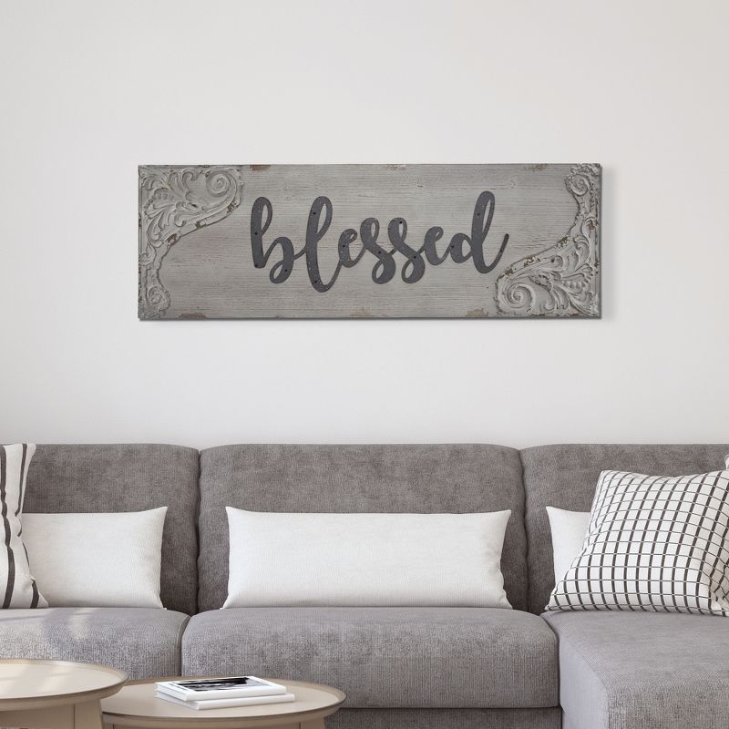 36" x 12" Blessed Wood and Metal Vintage Wall Plaque Sign White - American Art Decor