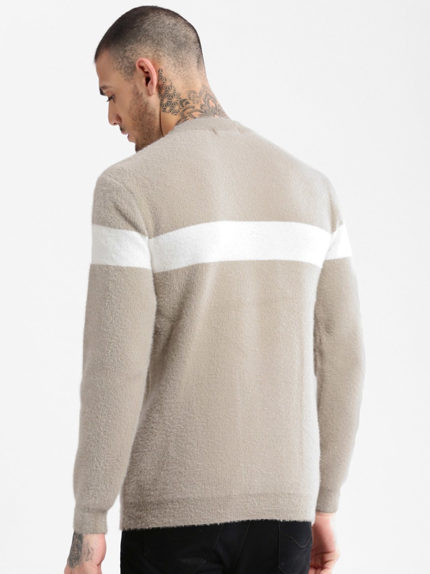 Showoff Beige Slim Fit Colour Block Sweater