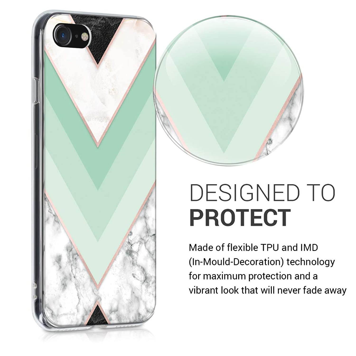 kwmobile Case Compatible with Apple iPhone 7/8 / SE (2020) - TPU Crystal Clear Back Protective Cover IMD Design - Marble Mint/Rose Gold/White