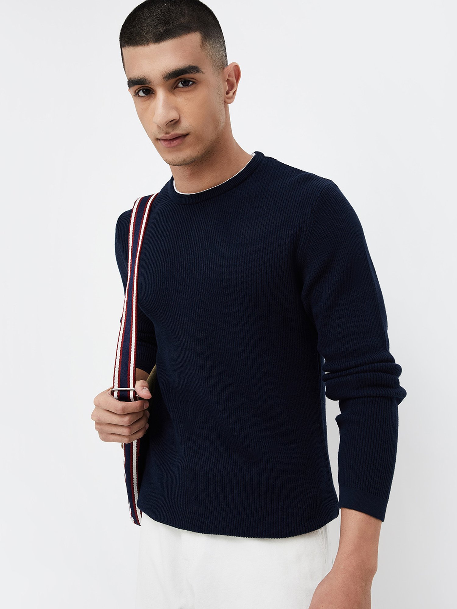 Forca by Lifestyle Navy Regular Fit Self Design Crew T-Shirt