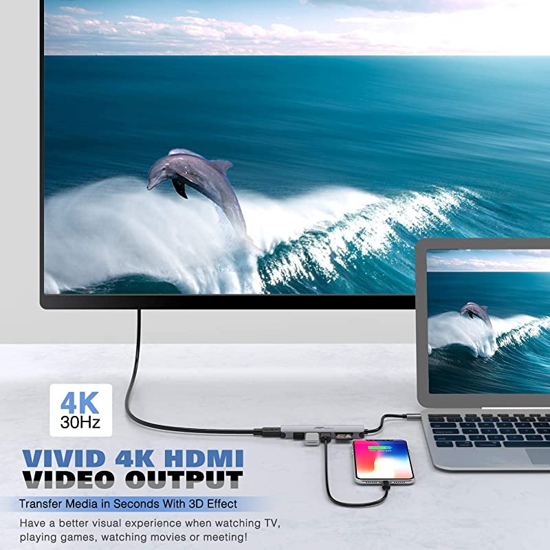 C Hub Multiport Adapter - 7 in 1 Portable Space Aluminum Dongle with 4K HDMI Output, 3 3.0 Ports, SD/Micro SD Card Reader Compatible for MacBook Pro, XPS More Type C Devices