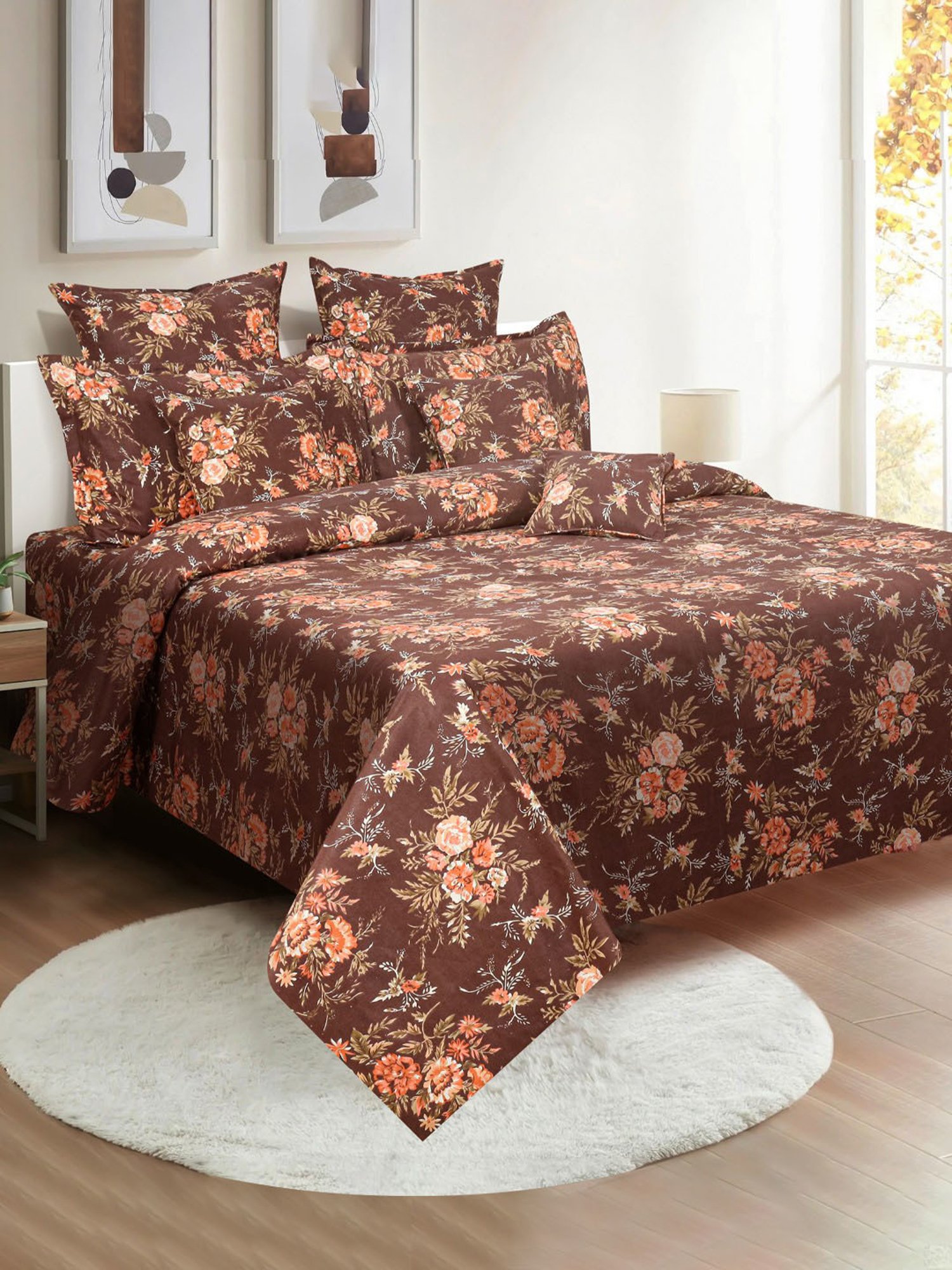 Swayam Dona Floral Brown 160 TC Cotton King Fitted Fitted Bedsheet with 2 Pillow Covers