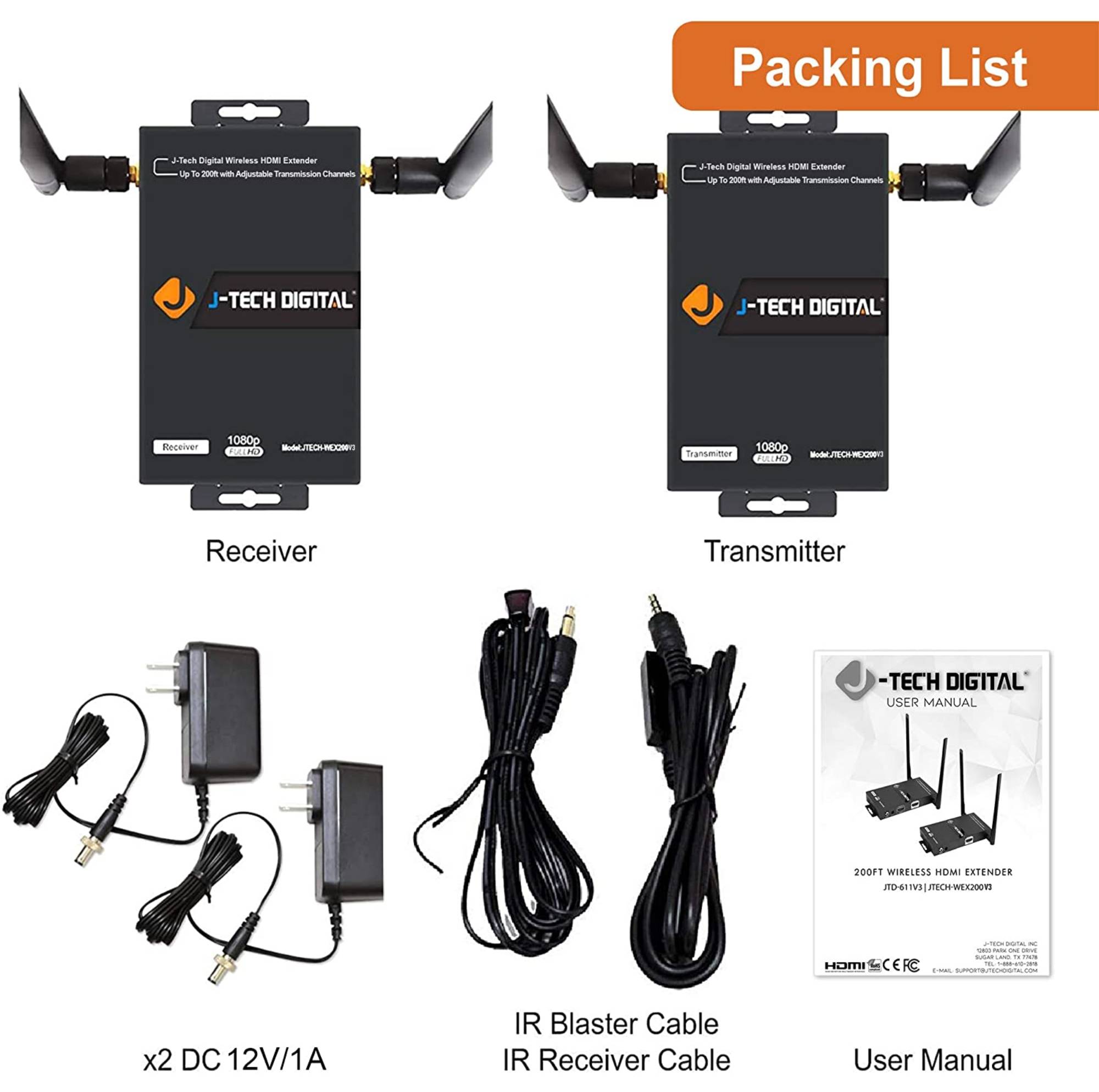 J-Tech Digital FHD 1X2 Wireless HDMI Extender 200' Dual Antenna Supporting Full HD 1080p with HDMI Loop Output IR Passthrough [JTECH-WEX200V3]