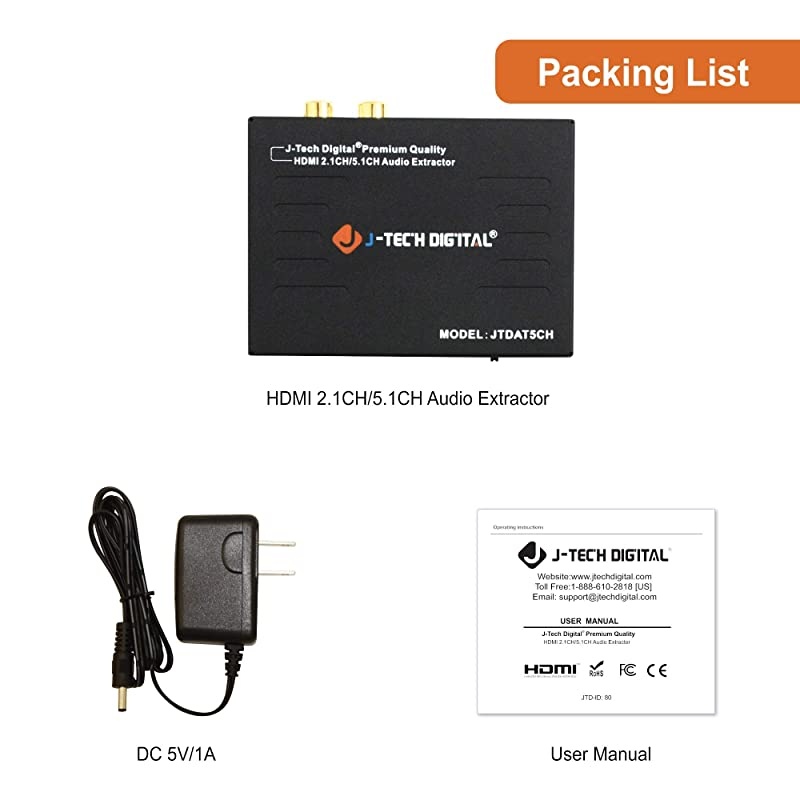 Premium Quality 1080P HDMI To HDMI + Audio SPDIF + RCA Stereo Audio Extractor Converter JTDAT5CH