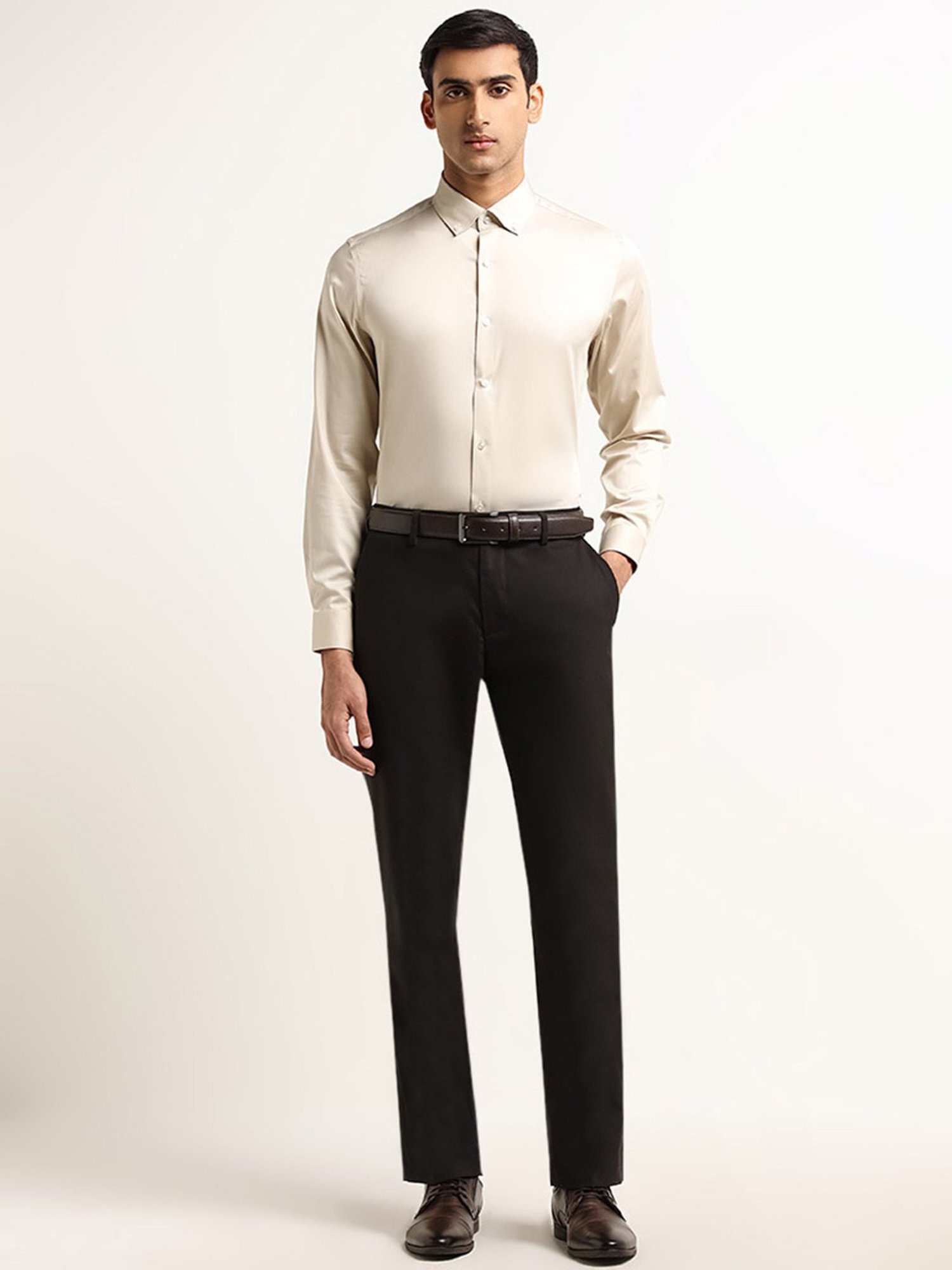 WES Formals by Westside Beige Solid Slim Fit Shirt