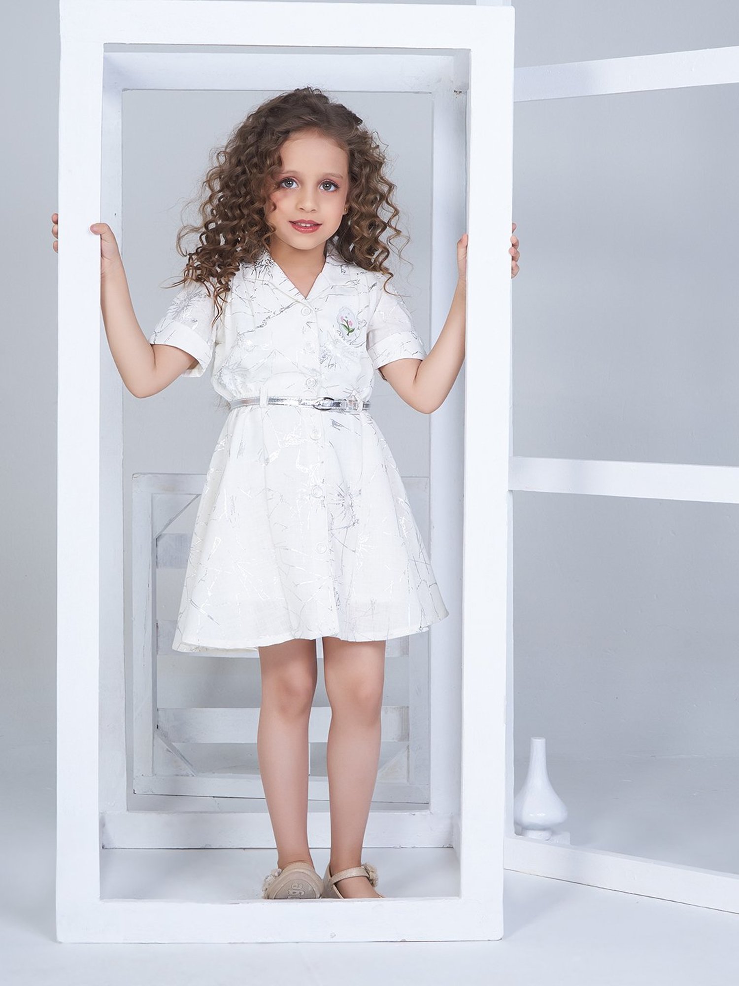 Peppermint Kids White Printed Shirt Dress with Belt