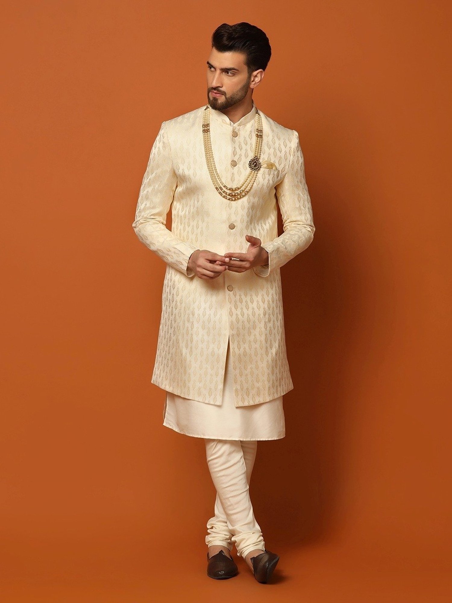 KISAH Peach Cotton Regular Fit Self Pattern Sherwani Set