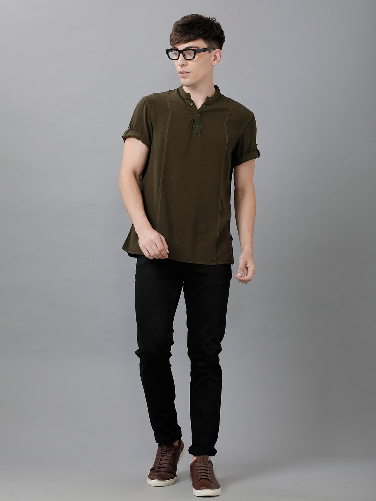 Identiti Olive Mandarin Collar Short Kurta