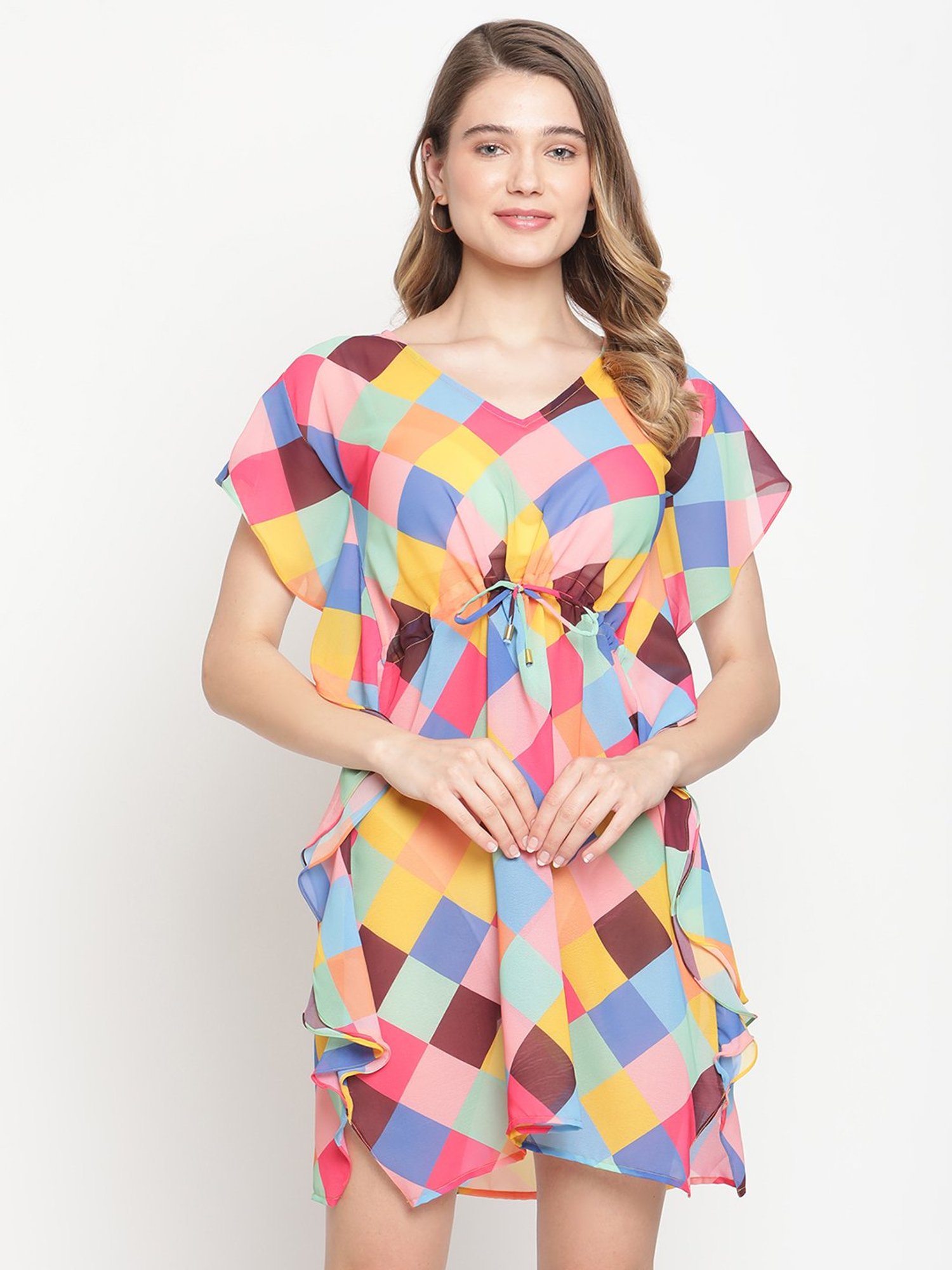 Erotissch Multicolored Chequered Beachwear Kaftan