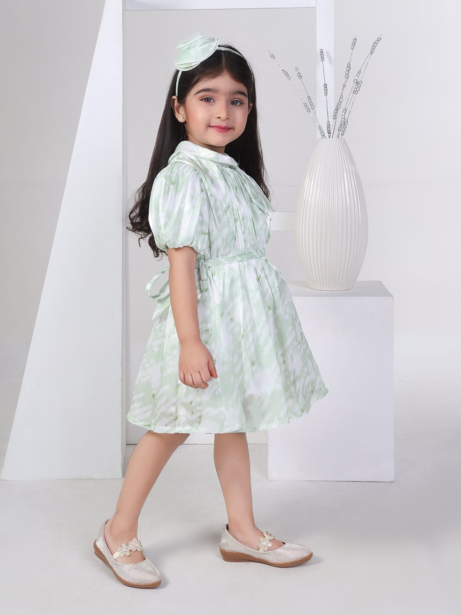 Peppermint Kids Green & White Printed Dress