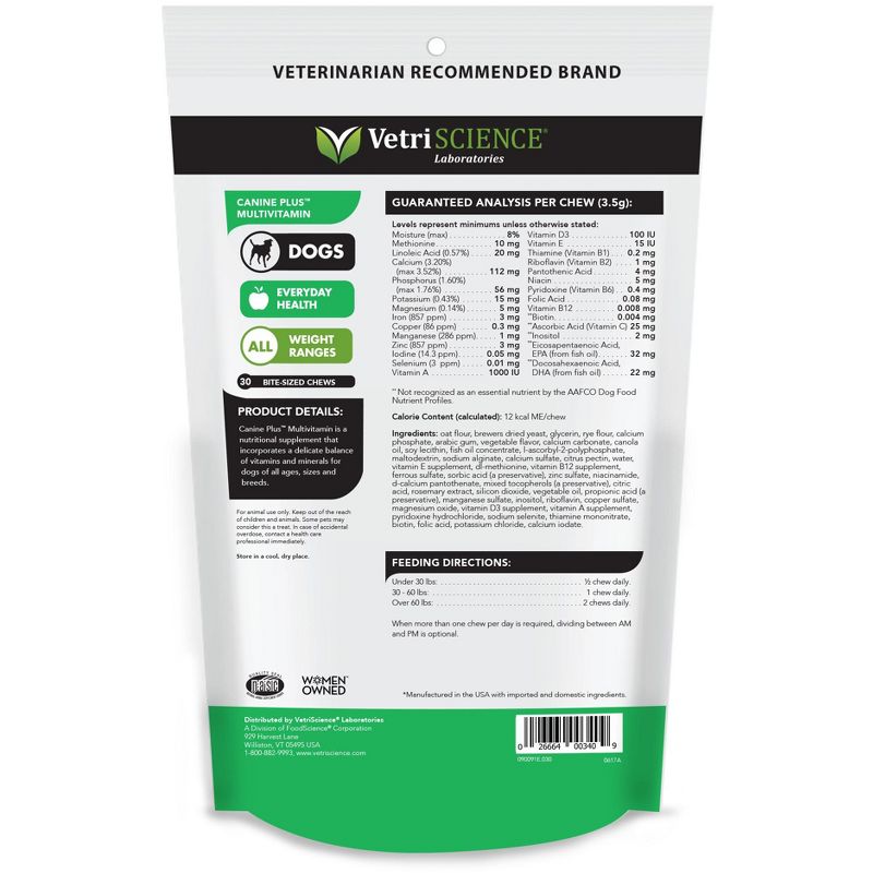 VetriScience Laboratories Canine Plus MultiVitamin Everyday Health Dog Chews, 30 ct