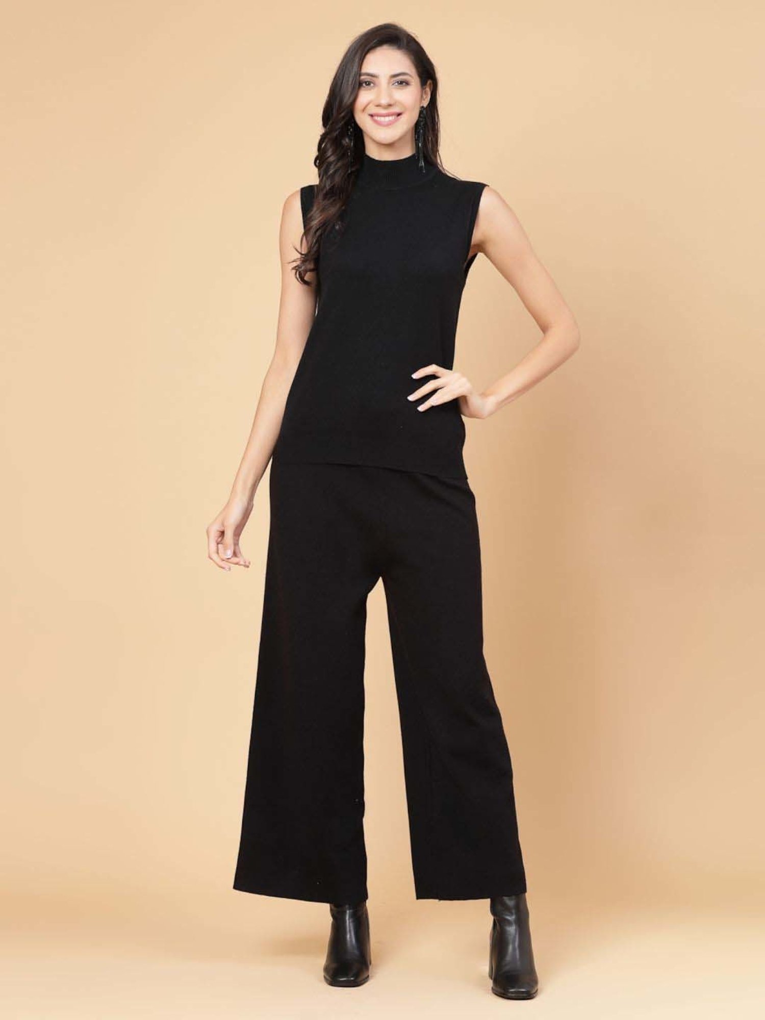 Mafadeny Black Printed Top Pants Set With Shrug