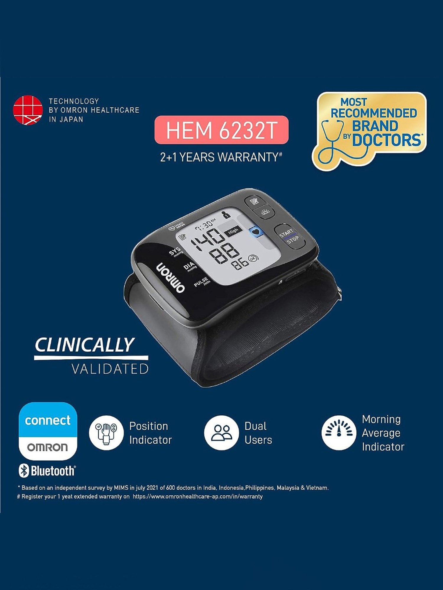 Omron HEM-6232T Wrist Blood Pressure Monitor (Black)