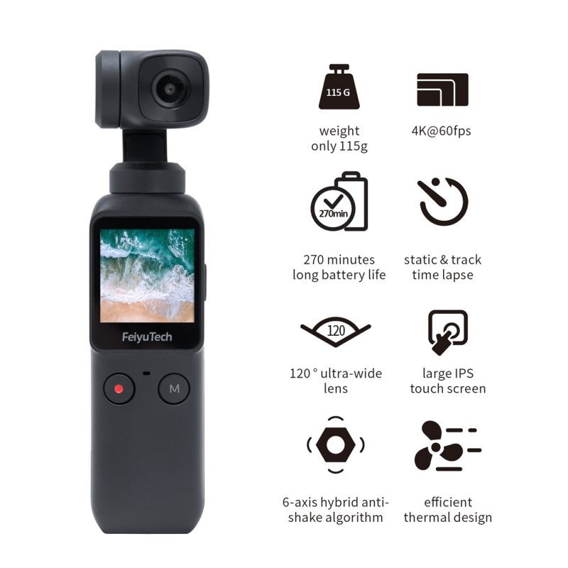 Feiyu Pocket 6-axis Stabilized Handheld Gimbal Camera 120&deg; Ultra-Wide Angle Lens 4K/60fps Video Record Touchscreen Built-in Rechargeable Battery Supports 8X Slow Motion Timelapse Auto Panorama APP