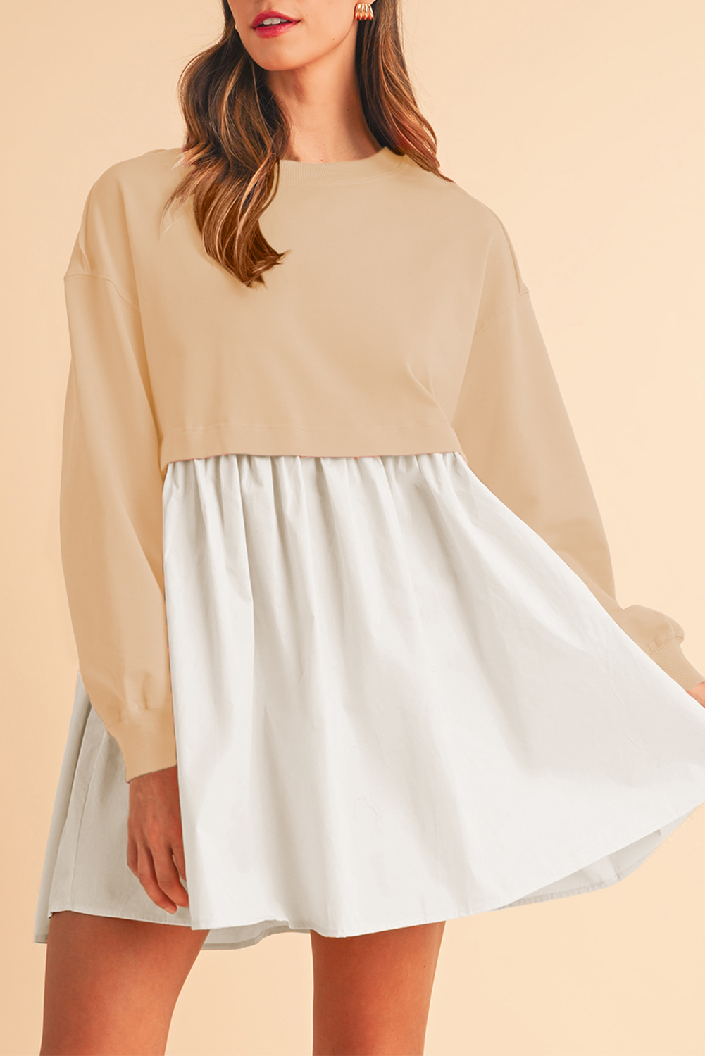 Khaki Sweatshirt Colorblock Flowy Pleated Mini Dress