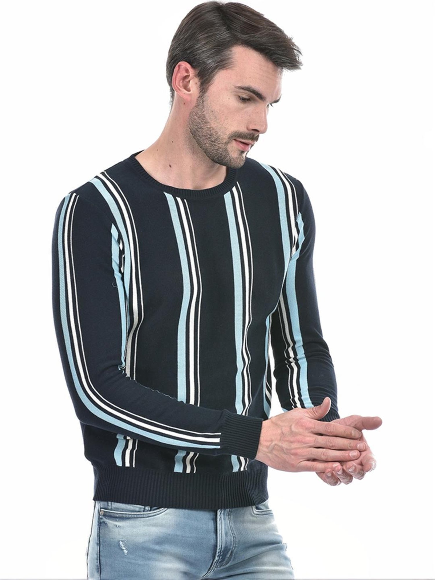 Numero Uno Navy Cotton Regular Fit Striped Sweater