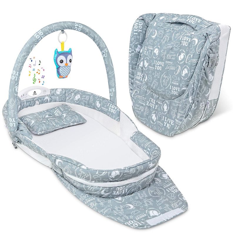 Lil&rsquo; Jumbl Snuggle Nest Bed, Foldable Baby Travel Bassinet Sleeper, Hanging Toy, Built-in Night Light, Music Player, Pillow, Matters & Carry Handle Included, Comfortable Portable Washable Baby Lounger