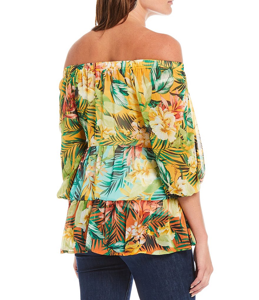 Figueroa & Flower Shira Tropical Floral Print Off-the-Shoulder Elbow Balloon Sleeve Tiered Blouse