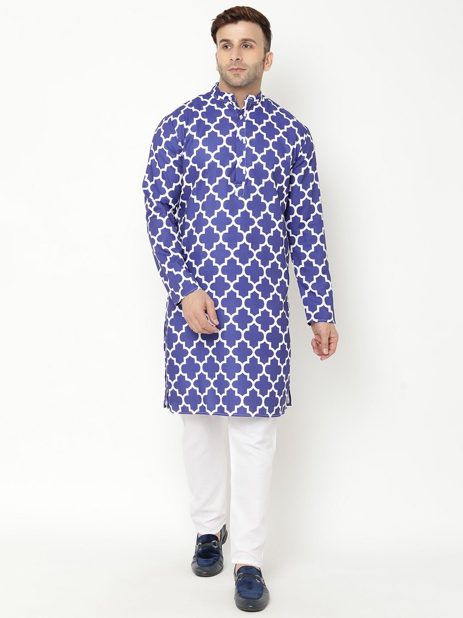 Hangup Navy & White Regular Fit Printed Kurta Bottom & Jacket Set