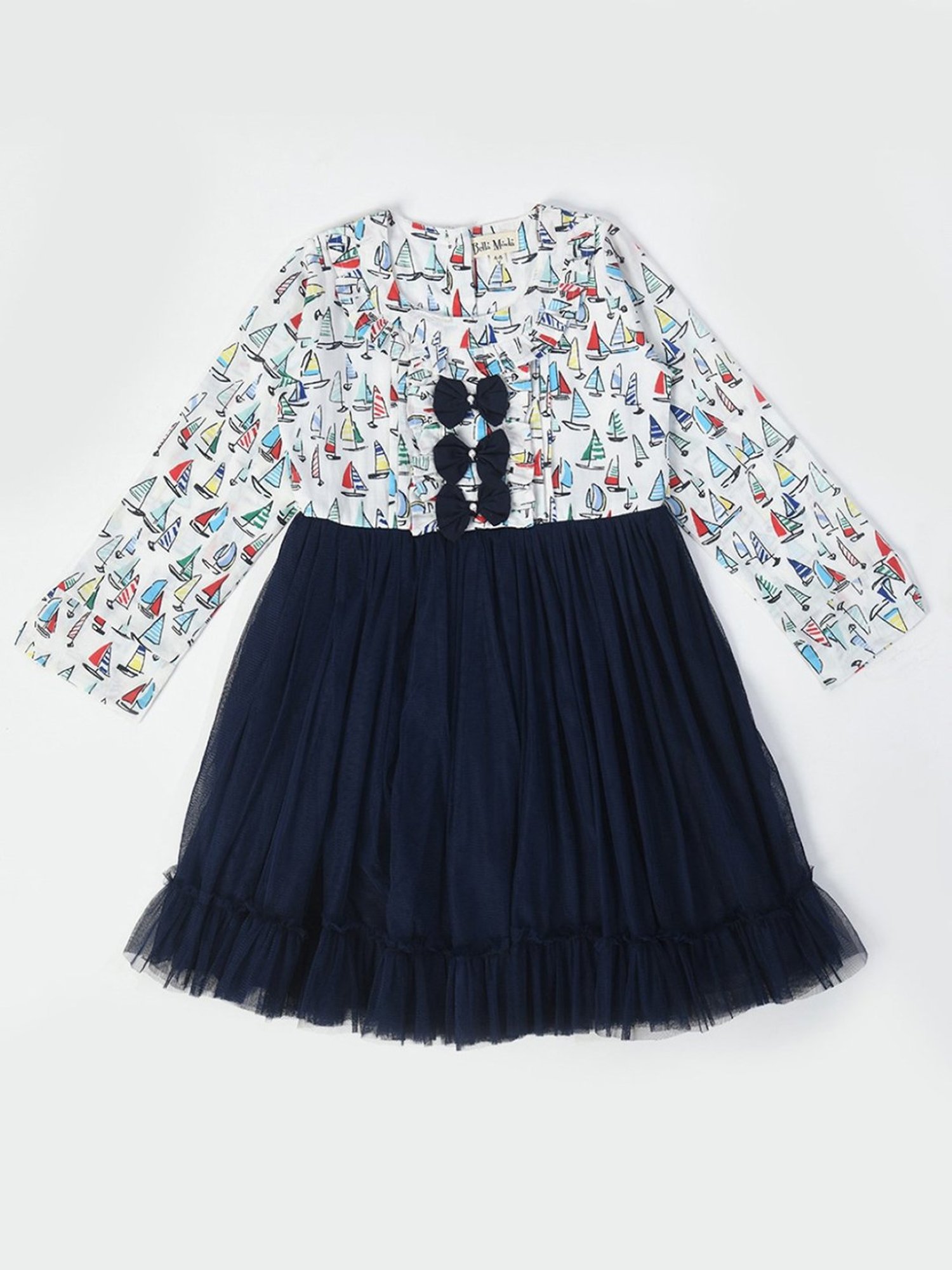 Bella Moda Kids Navy & White Printed Full Sleeves Fit & Flare Dress