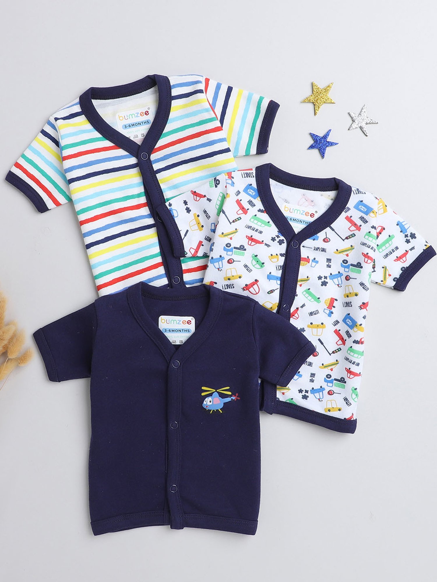 Bumzee Kids Navy & White Printed Jhablas (Pack Of 3)