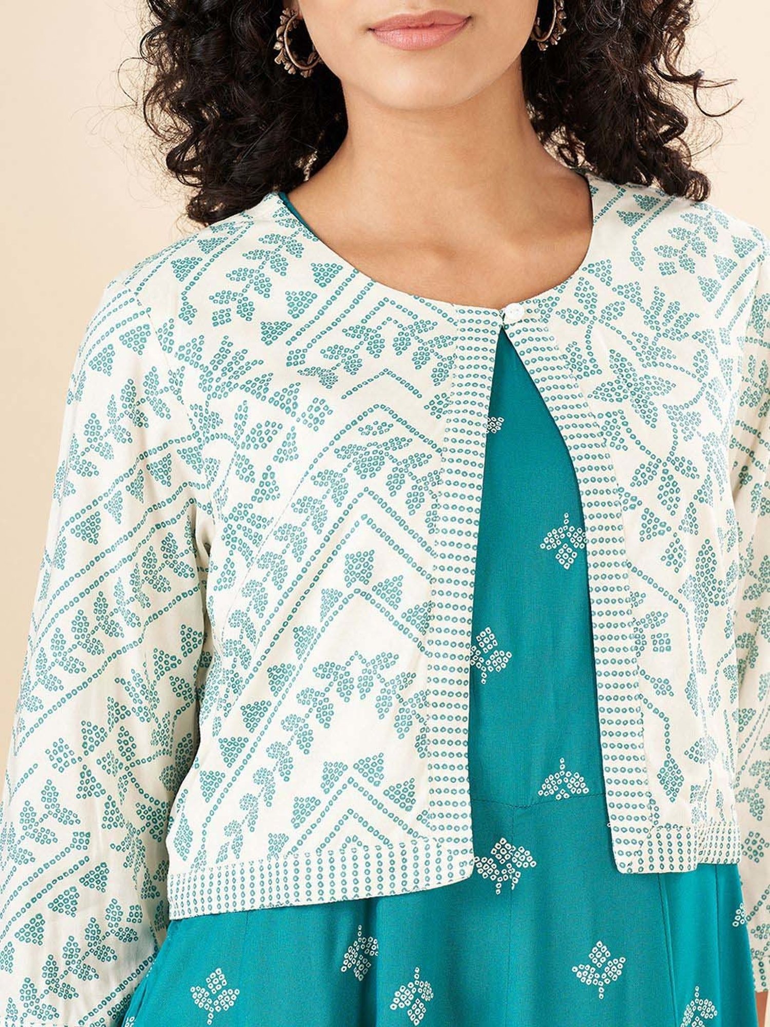 Rangmanch by Pantaloons Blue Printed A-Line Dress With Jacket